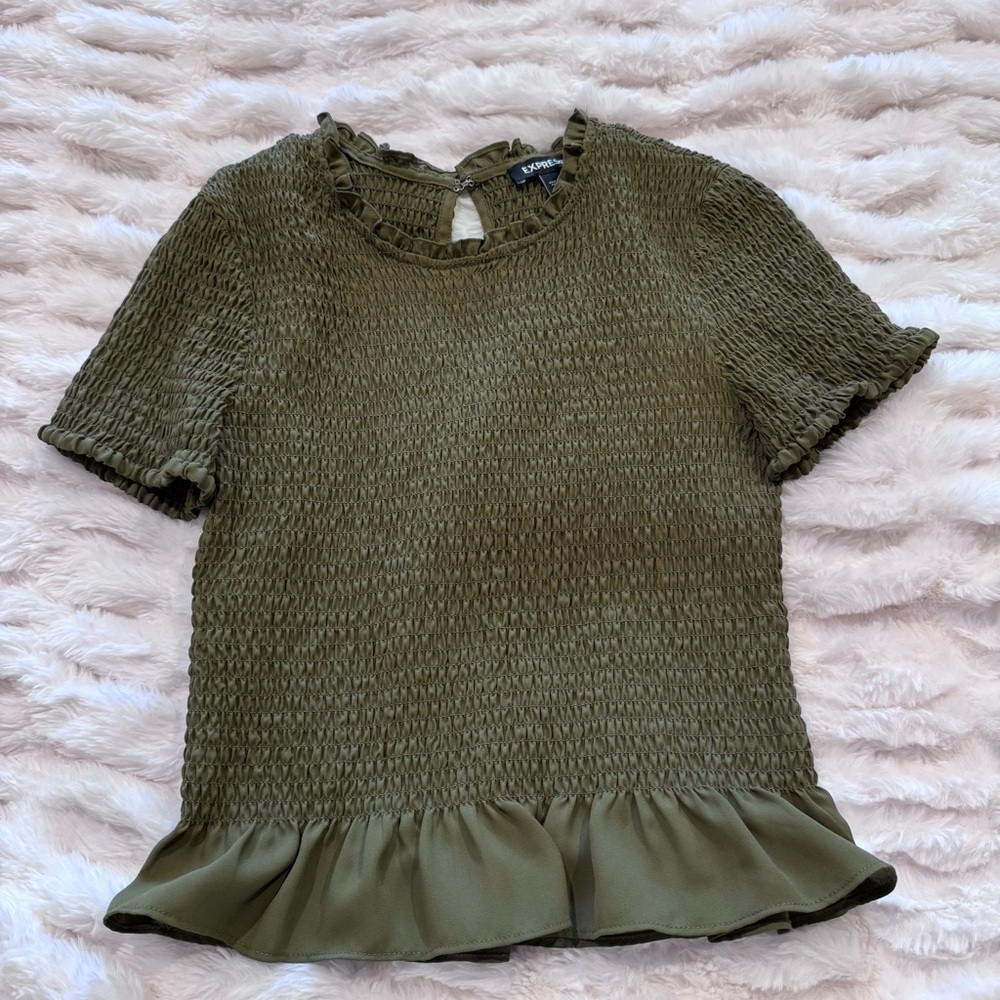 Express Olive Smocked Short Sleeve Top